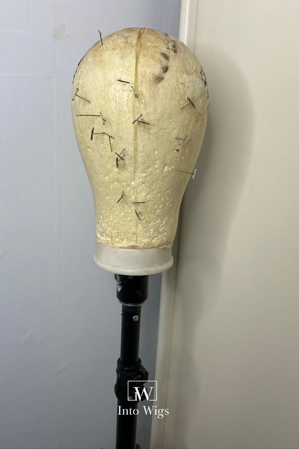 This picture shows a canvas head on a wig stand.